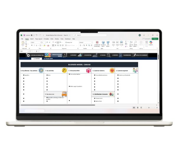 Professional Business Plan in Excel template with customizable sections
