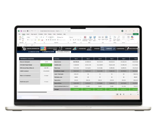 Excel-based Business Plan template designed for investor presentations