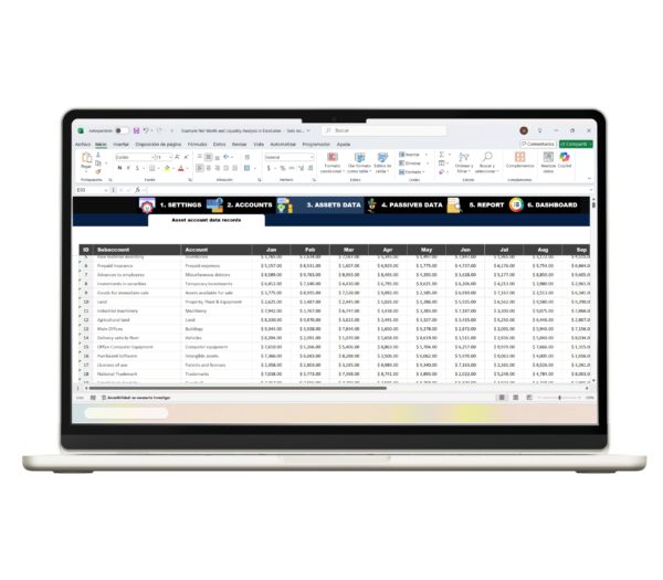 Excel sheet analyzing liquidity and net worth data