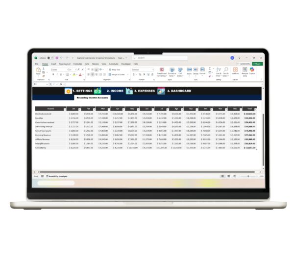 Excel income and expense sheet with summary totals