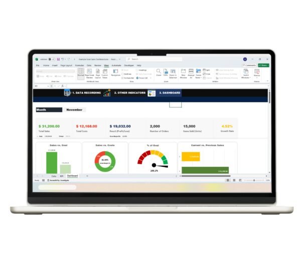 Excel dashboard showing monthly sales overview